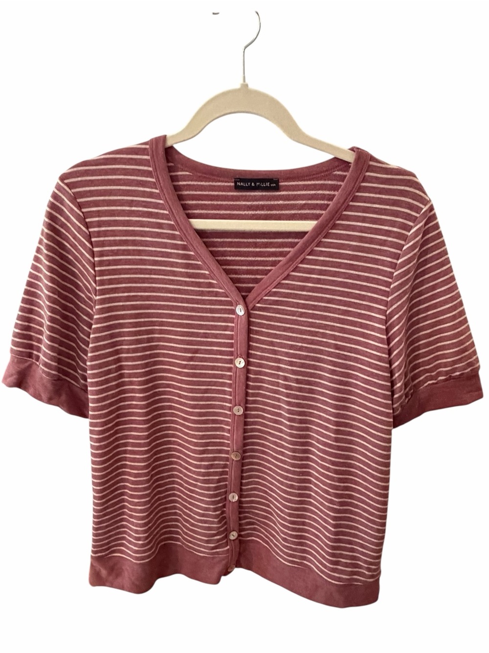 Nally & Millie Striped Button Front Short Sleeve Cardigan Top Medium